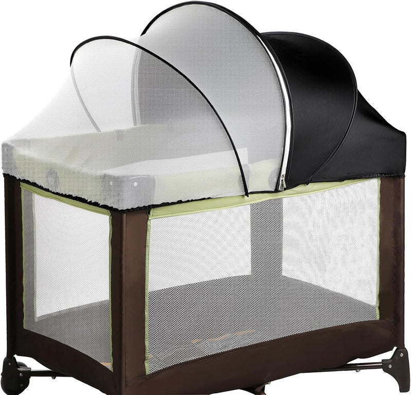WANRU Pack N Play Tent Cover - Half-Blackout Mosquito Net for Crib & Playpen, Baby Bassinet Cover for Cats with 2-Way Zipper, Sun-Blocking Bug Net for Travel Crib (Black-Large) - Image 1